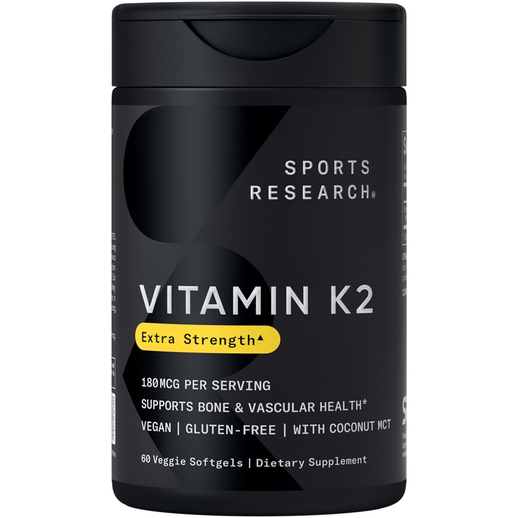 Riset Olahraga Vitamin K2 MK7 180mcg dengan Coconut Oil - 60 Veggie Softgels - Vegan Certified, Non-GMO Verified & Gluten- Free
