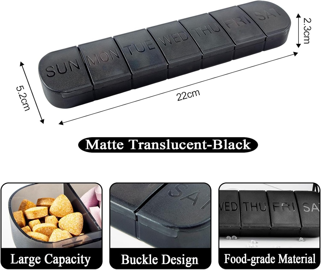 Pill Organizer Large, Weekly 7- Day Vitamin Case Dispenser, Matte Black, Travel Medical Pill Box Container for Medication, Meds and Mineces, Suplemen, Fish Oil, Capsules, Tablet