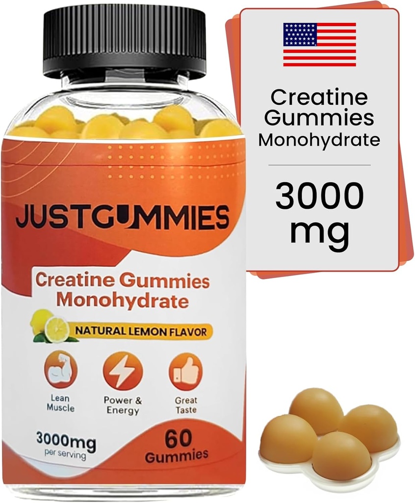 Creatine Monohydrate Gummies 3000 mg Per Serving 126; Creatine Infused Gummies untuk Meningkatkan Kekuatan dan Membangun Otot, Vegan, Lemon Flavor, 60 Count