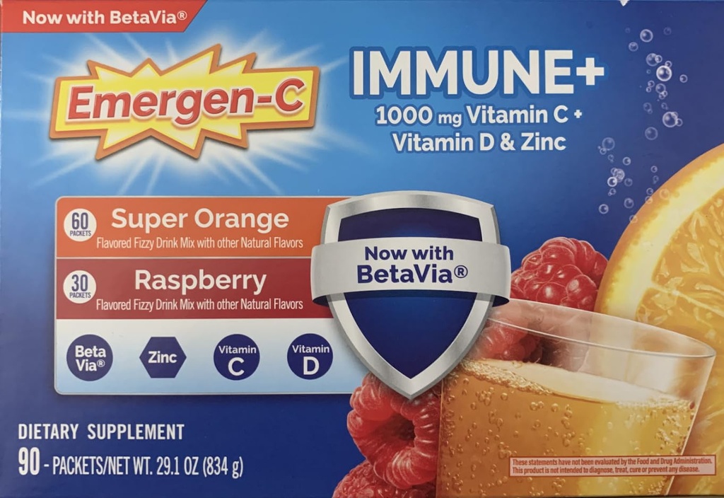 Emergen- C Imune + 1000 mg Vitamin C + Vitamin D & Zinc, (Super Orange 60 Ct / Raspberry 30Ct) 90 Paket