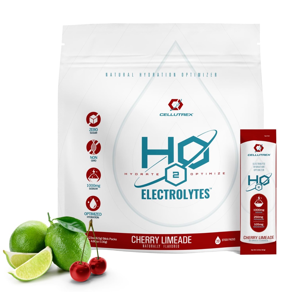 Cellutrex ® H2O Electrolytes - Electrolite Powder Minum Mix, Zero Sugar, Natural Salt Hydration Paket Pemulihan dan Wellness, Cherry Limeade, 20 Sticks