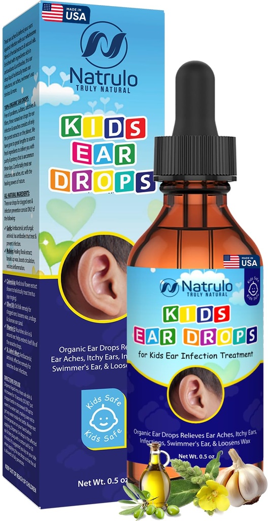 Natrulo Natural Ear Drops for Kids Ear Infeksi Treatment - Organic Children Ear Relieves Ear Aches, Itchy Ears, Infeksi, Ear Perenang, & Loosens Wax - Anak-anak Aman, dibuat di Amerika Serikat