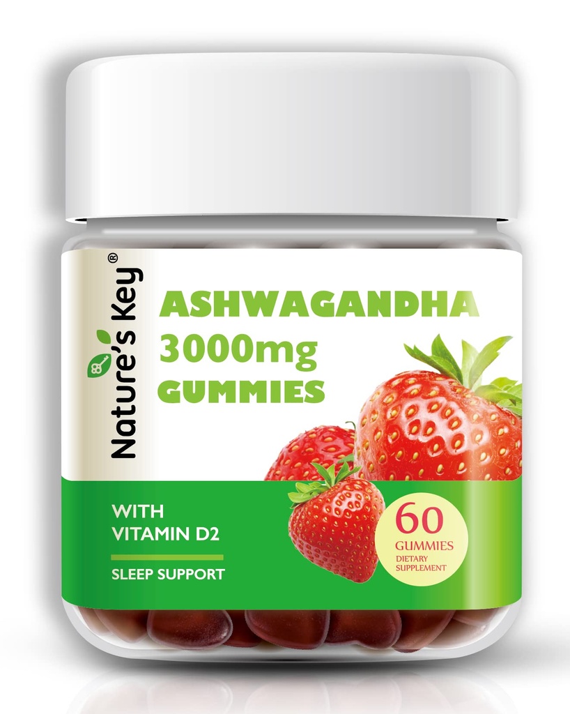 Nature 's Key Ashwagandha Gummies, 3000mg High Potency Ashwagandha Root Extract with Vitamin D2, Stress, Calm Mood & Cognition, for Men & Women, Strawberry Flavor (60 Count (60 Count)