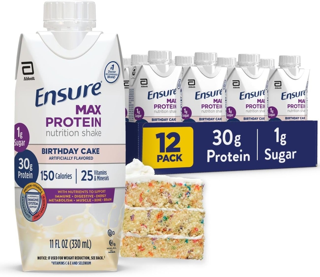Pastikan Max Protein Shake 124; Kue Ulang Tahun 124; Siap untuk Minum 124; Protein 30g untuk Kesehatan Muscle 124; 1g Sugar, 4g Fiber 124; 11 flflo oz, 12 Pack