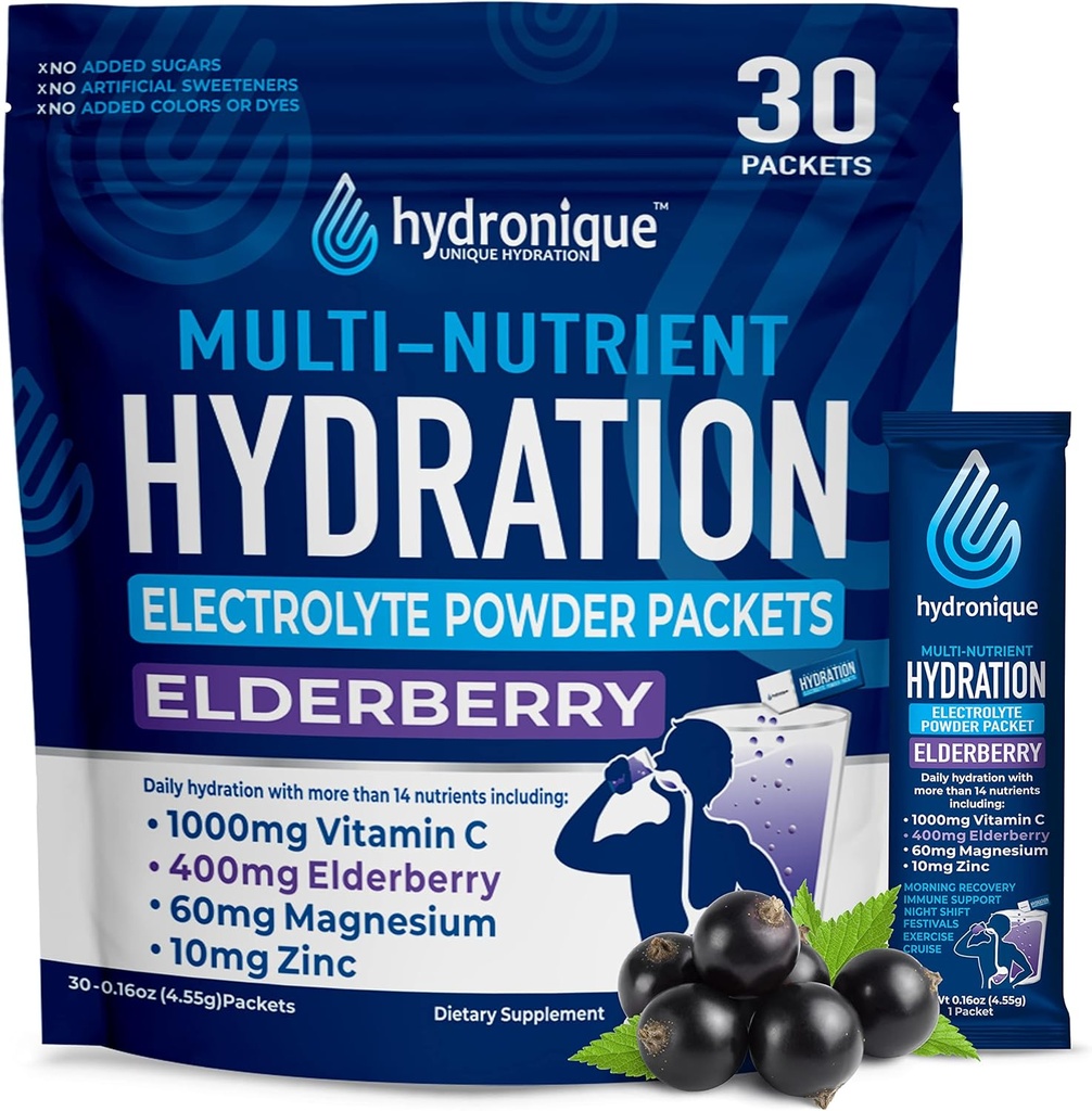 Hydronique Hydration Packts 124; Rendah Sodium Electrolytes Powder 12.4g Sodium 54; Vitamin, Mineral, Antioksidants 124; Elderberry Flavor (30 Packs)