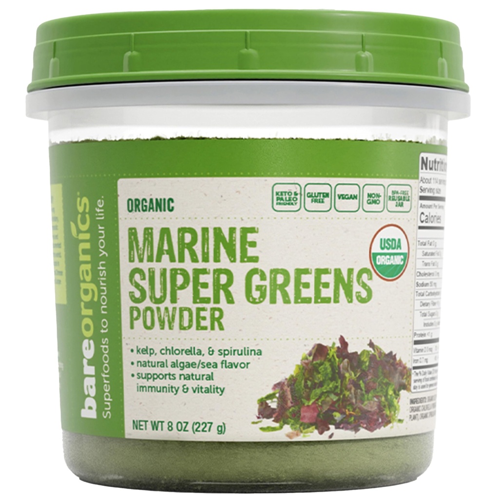 BareOrganics Marine Super Greens Powder - USDA Organik, Vegan, Gluten- Free, Non-GMO, BPA- Free, Superfood Pooder with Organic Kelp, Spirulina & Chlorella - 8 oz