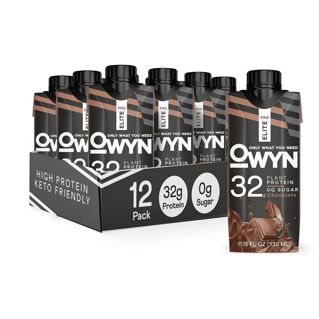 OWYN Pro Elite Vegan High Protein Shake, Chocolate, 32g Plant Based Protein, with Fiber, Prepoles, Superfood Greens, Workout and Recovery, 0g Net Carbs, Zero Sugar, Keto (12 Pack)