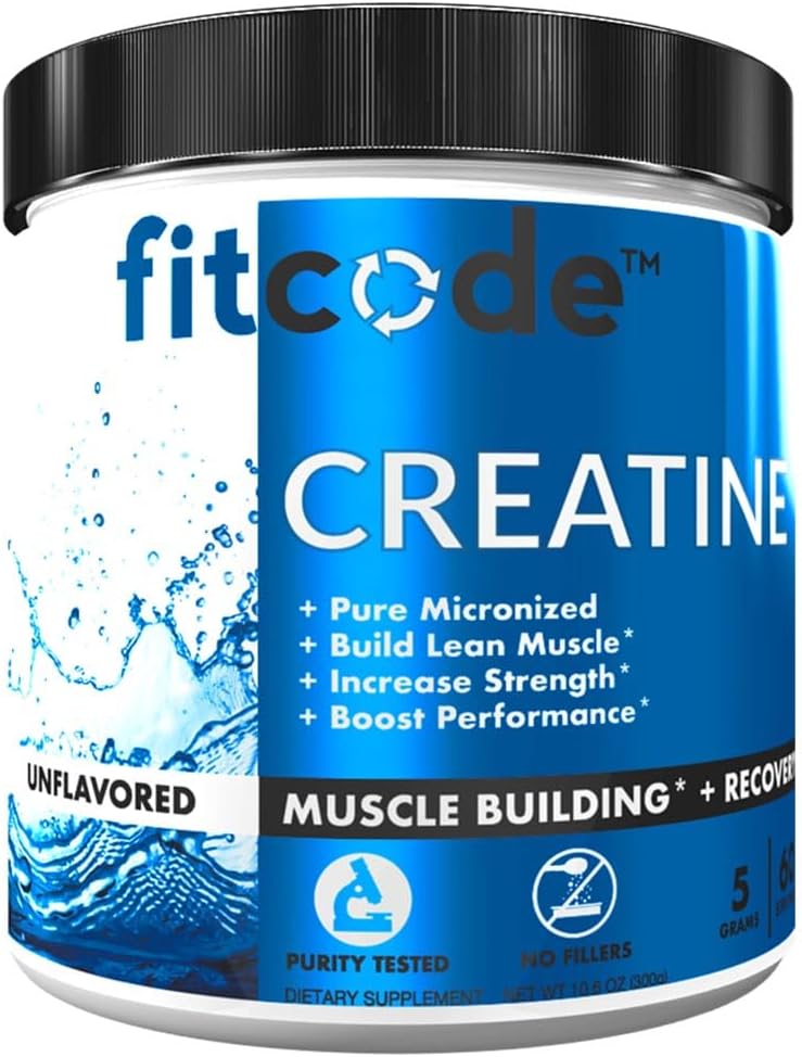 fitcode Creatine Monohydrate 5 Grams of Pure Micronized Creatine Monohydrate for Muscle Building, Recovery, Power & Stamina, Unflamited Powder, 60 Servis