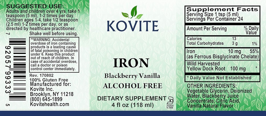 Liquid Iron 10 mg - Increase Energy and Blood Levels Without Nausea or Constipation - Cair Iron Drops for Men, Women, and Children - BlackBerry Vanilla Flavor - 4 fl oz. Bersertifikat Kosher