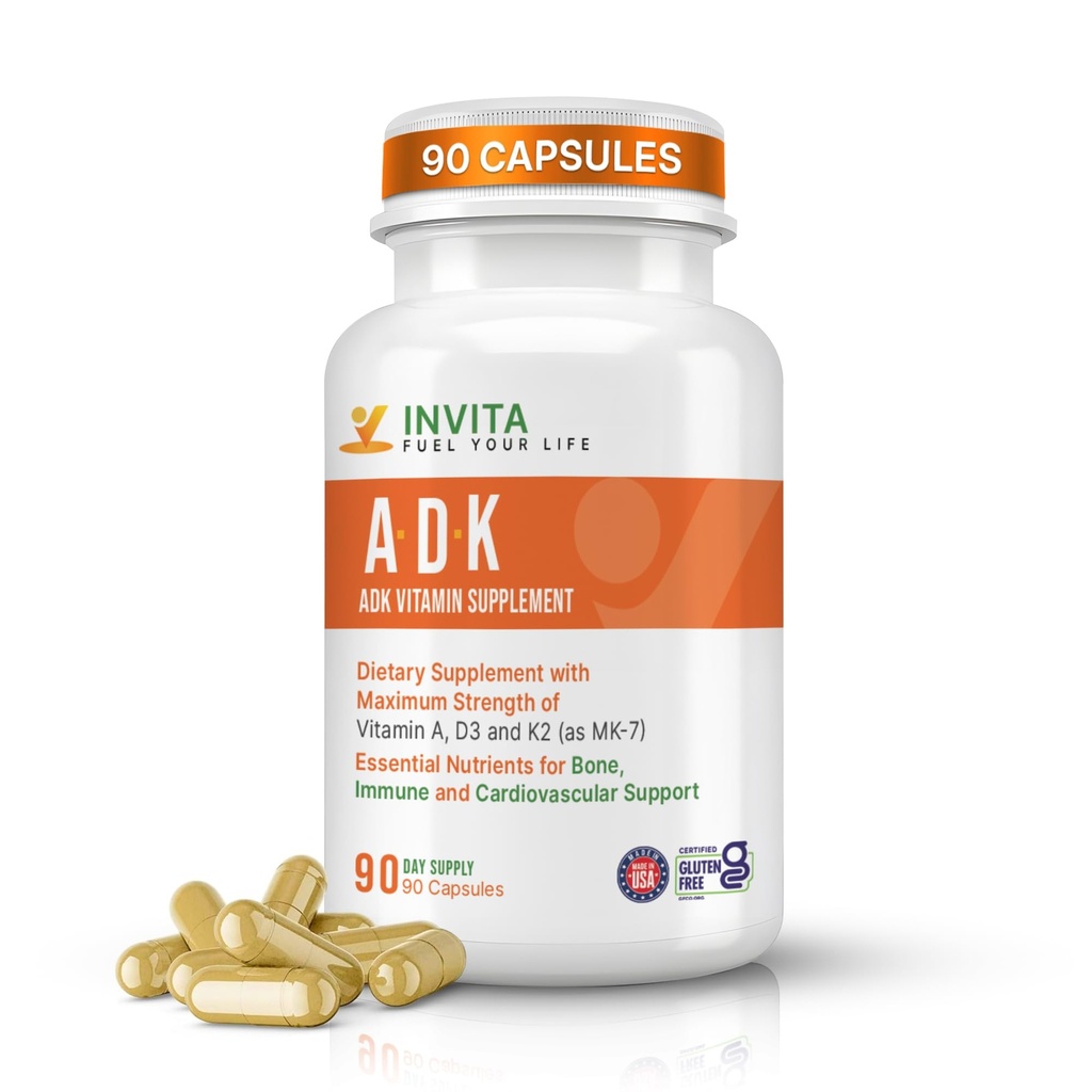 INVITA ADK - Vitamin A1, Vitamin D3 5000 IU & K2 MK7 Suplemen - Physician Membentuk Dukungan Bone & Imune - Gluten Bebas, Non-GMO - 90 Vegetarian Capsules untuk Pria & Perempuan