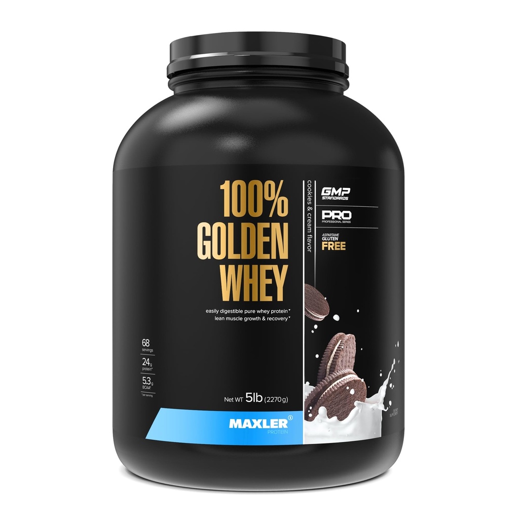 Maxler 100% Golden Whey Protein - 24g dari Protein per Serving - Premium Whiy Protein Powder untuk Pre Post Workout - Fate-Absorbing Whey Konsentrat, Isollate & Hydrolysate Blend - Cookies & Cream 5 lb