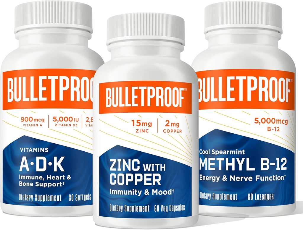 Bulletproof Triple Threat Stronging Bundle, Vitamin A- D-K, 30 Softgels, Zinc with Copper, 60 Capsules, Metil B-12, Spearmint Flavor, 60 Lozenges