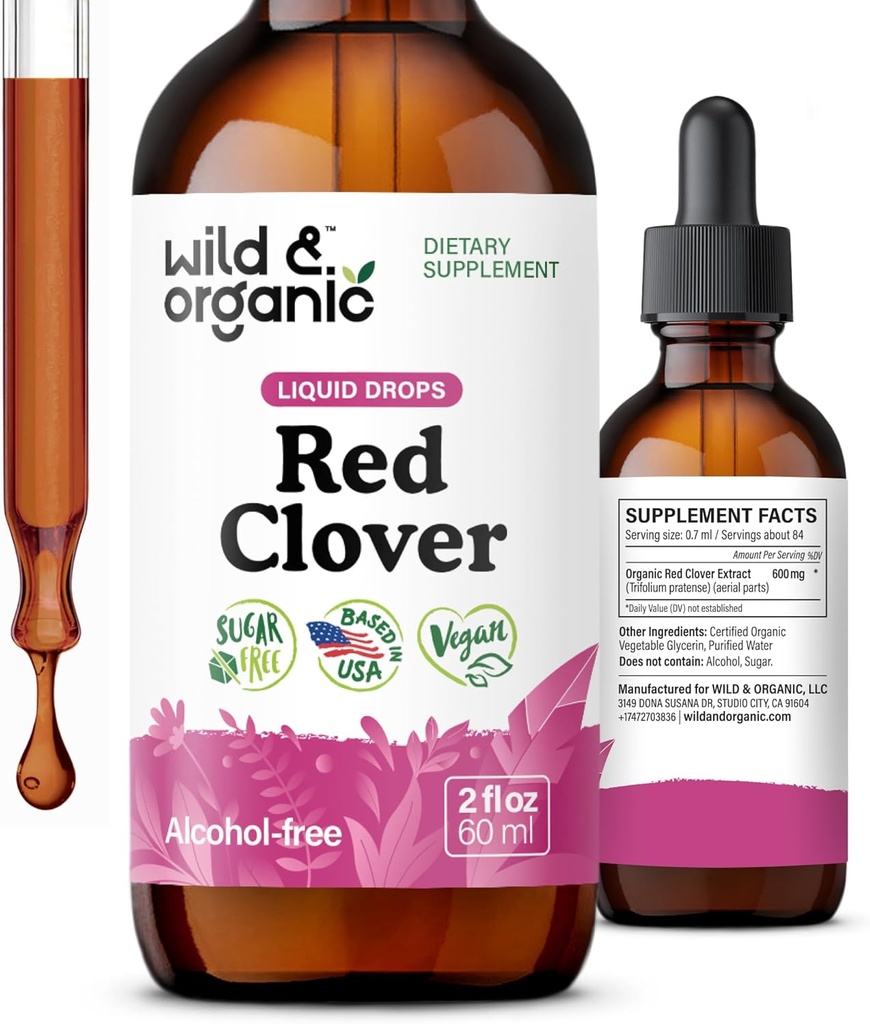 Wild & Organic Red Clover Extract Drops - Menopause Suplemen untuk Perempuan - 600 mg Liquid Red Clover Targe - Persediaan 1 - Bulan - Trifolium Blossom - Gula & Alcohol- Gratis - 2 oz