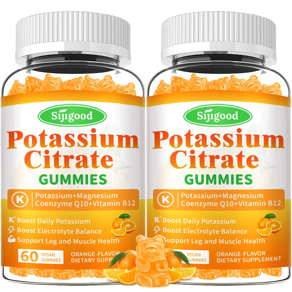 2 Pack Potasium Citrate Gummies - Tambahan Potency Potasium Tinggi untuk Kesehatan Otot, Perkembangan Kram Kaki, Keseimbangan Elektrolit - Vegan, Non-GMO, Bebas-Bebas, Orange Flavor, 120 Count
