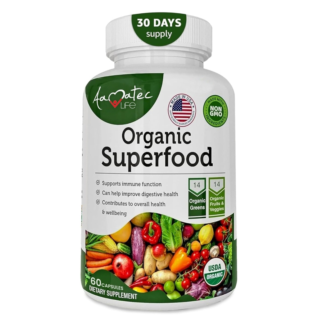 Superfood Organic Superfood Greens in Antiokidant Organic Complex - Dietary Supplement with 14 Greens and 14 Fruits & Vegetables with Alfalfa Rich in Antioxidant Organic Ingredices Non-GMO 60 Capsules