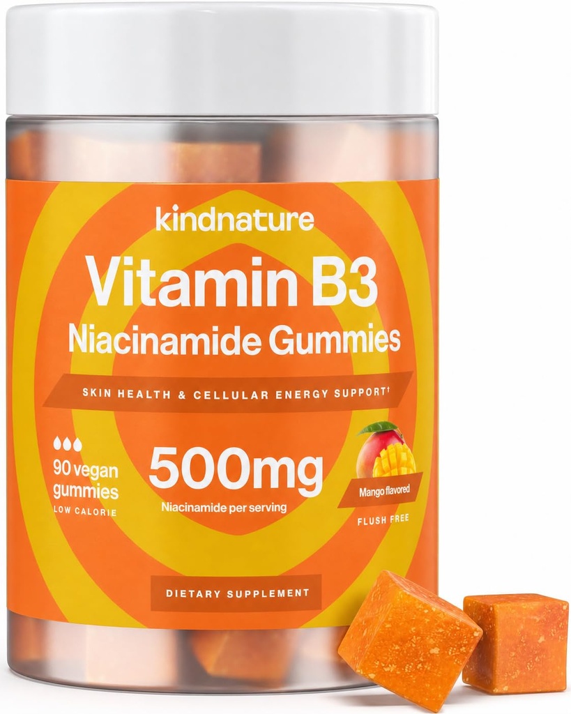 Fush Free Niacinamide 500mg Suplement - Vegan, Non-GMO, Lower-Calorie, Gluten- Free, Soy-Fee, 3rd Party Lab Tested - 1 Pasokan Bulan, 90 Chewable Gummies