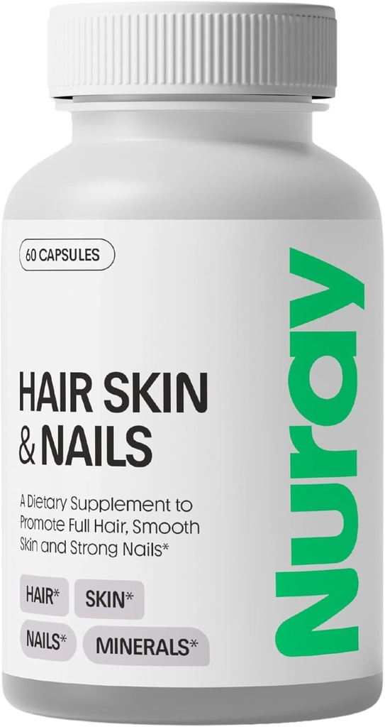 Nuray Hair, Skin & Nails Vitamin - Biotin, Collagen & Hyaluronic Acid - Advanced Hair Growth Suplemen - Promodes Beauty, Skin Radiance, & Nail Kekuatan - dengan Vitamin B Complex - 60 Capsules