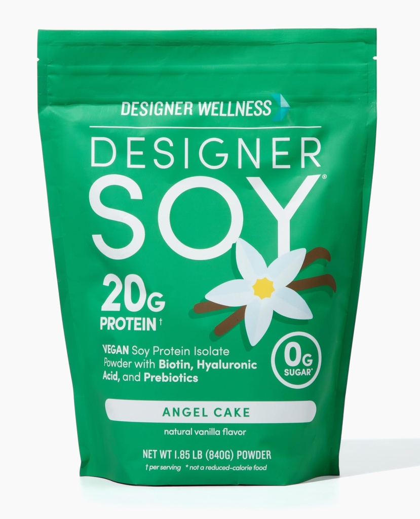 Designer Wellness, Soy Isolate Protein Powder dengan Biotin, Acid Hyaluronic, dan Prevenia, Vegan, 0 Sugar, Non-GMO, Angel Cake Vanilla, 1.87 lb