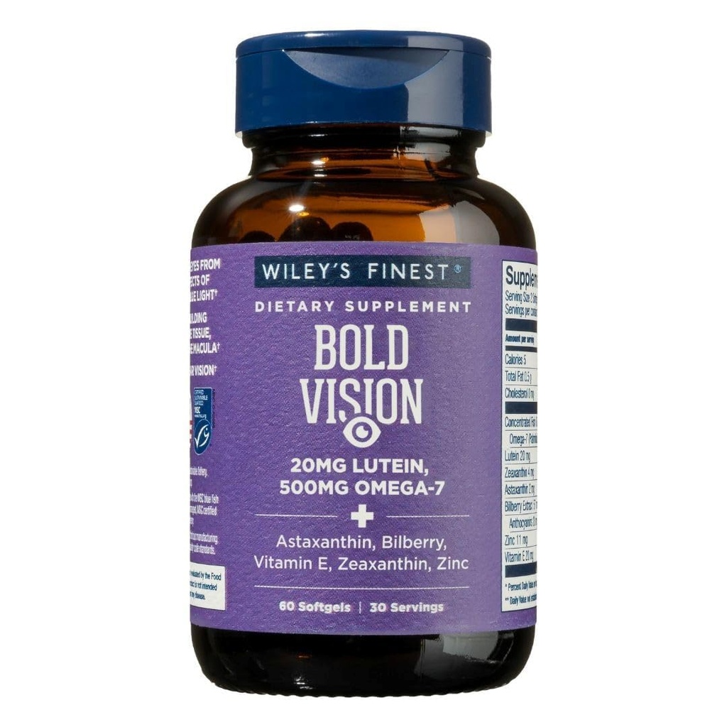 Wiley 's Wild Alaska Fish Oil Vision - Fish Oil Eye Health Suplement with Lutein, Dalxanthin, Bilberry, Omega-7, Vitamin E, dan Zinc - 60 Softgels (30 Pelayan)