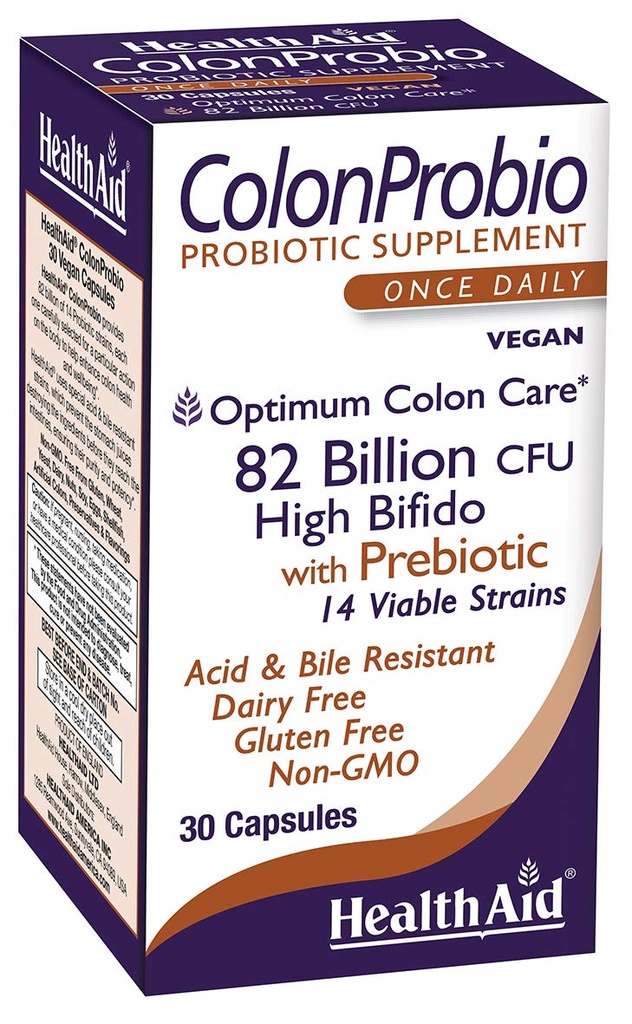 Healthaid ColonProbio 82 Miliar dengan Prebiotic, 14 Strains, Once Daily, 30ct, Optimum Colon Care, Acid & Bile Resistant, Dairy Free, Gluten Free, Non-GMO