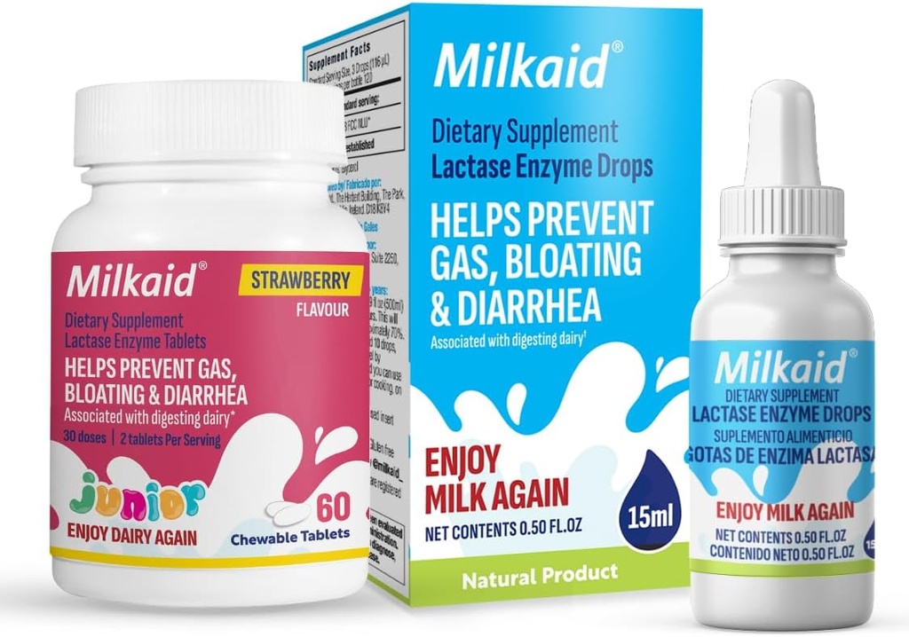 Milkaid Junior Lactase Enzyme Tablets Chewable for Laktosa Intoleransi 124; Prevents Gas, Bloating, Diare in Children 144; Fast Aact Dairy Digevival Supplemen Anak-Anak