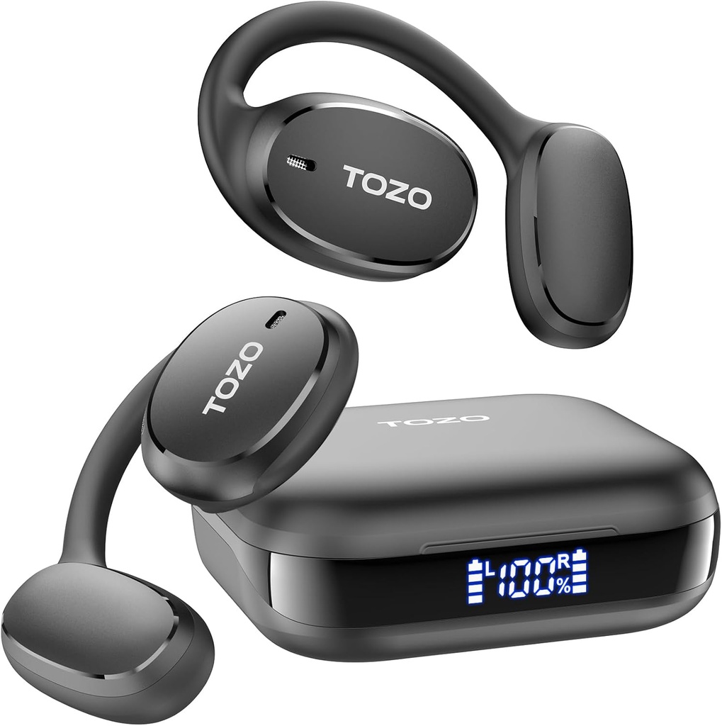 Headphone TozO OpenEgo Open Ear Bluetooth Headphone, 80Hrs Playtime Wirbuds with Earhook, Digital Tampilan, 32 EQ Modes, Clear Call, Comfortable Wear, Sweat- Provices for Running Workout Black