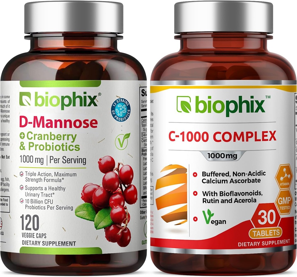 biophix D-Mannose Plus Cranberry Progetic 1000 mg 120 Vcap - Free Vitamin C-1000 30 Tablet - Support Urinary Bladder Tract Health and Digetical Well Being