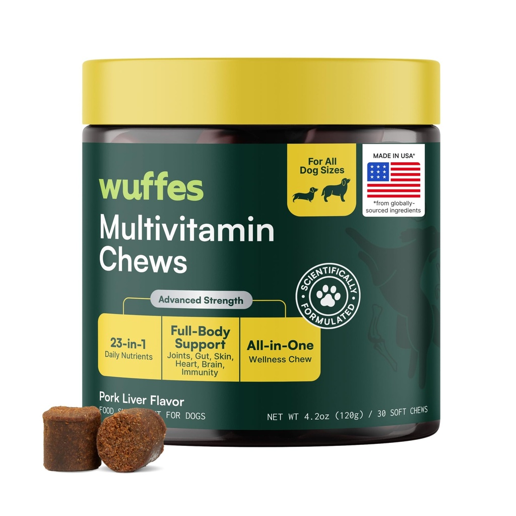 Wuffes 23-in- 1 Dog Multivitamin Tambahan untuk Hip & Gabungan, Skin & Coat dan Immune System Dukungan dengan Omega 3, Besi, Zinc, Vitamin C - Minemins & Vitamin untuk Senior Dogs dan Pupies - 30 Soft Chews