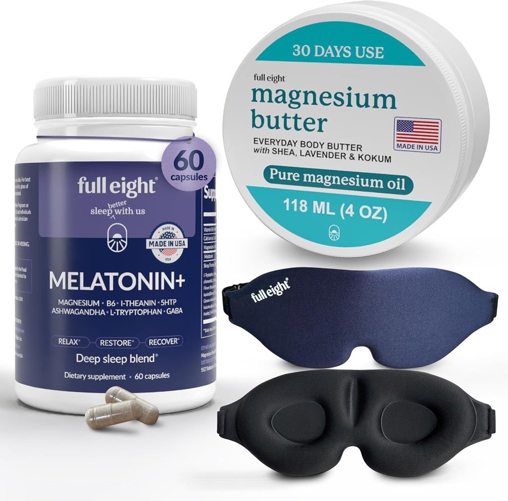 Sleep Bundle: 3D Light Blocking Sleep Mask, Melonatin + Fast Dissolve Melantin Suplemen 60 Capsules, dan Magnesium Body Butter for Tensed Legs & Tight Muscles, 4oz Cream