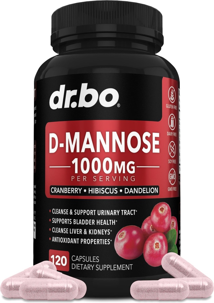 Suplemen D Mannose untuk Pil Perempuan - Natural D-Mannose 500mg Kapsul, Cranberry DMannose Pil 1000mg Per Serving - Bladder Flush & Urinary Trakte Health Supplemen - 120 Veg Capsules