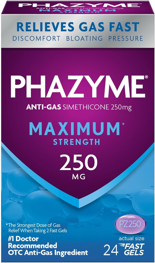 Phazyme Maximum * Kekuatan Anti- Gas 250 mg Simejicon Gas Relief untuk Dewasa, Cepat Gels Bloating, Tekanan & Discontent, 24 Count