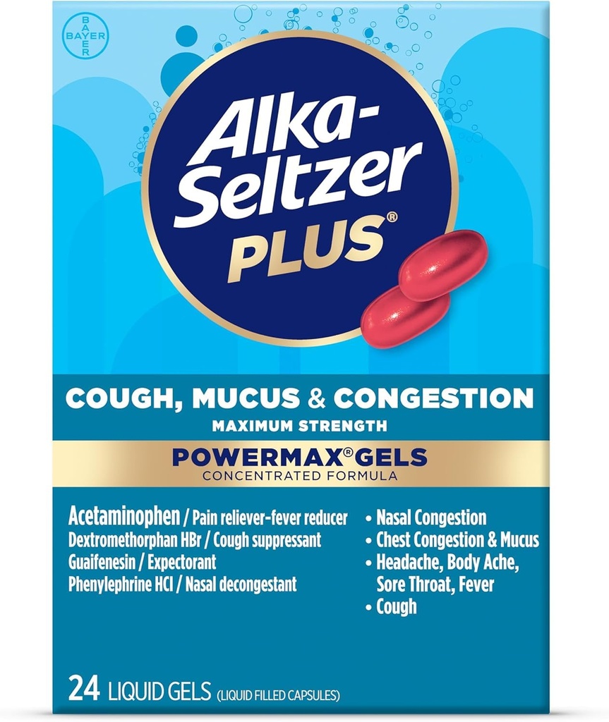 Alka- Seltzer Plus Maximum Power Cough, Mucus & Consultion Powermax Liquid Gels, Fast and Effective Chest Relief, Cugh Suppresan, For Dewasa dan Anak-Anak 12 Tahun dan Older 24 Count