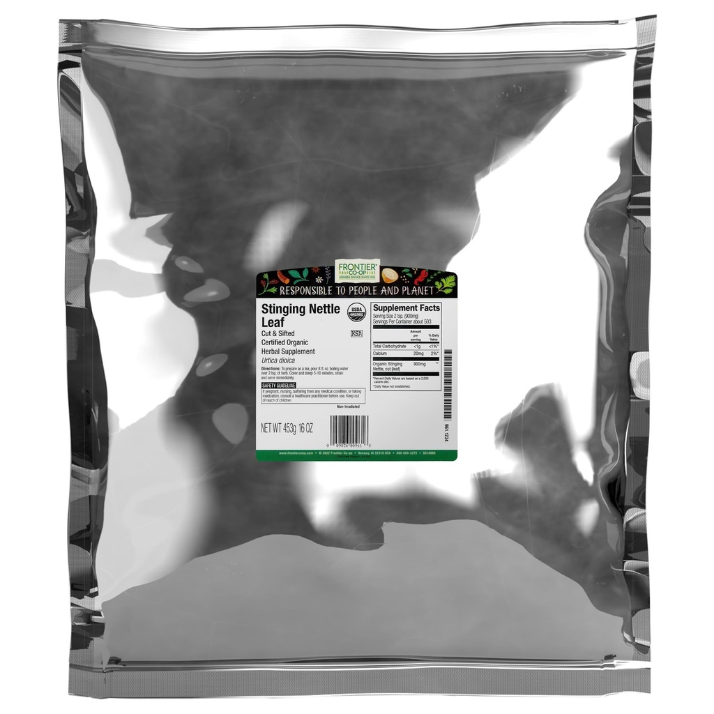 Frontier Co-op Organic Stinging Nettle Leaf, Cut and Sifted, For Making Nettle Tea, Kosher 14; 16 Ounce (Pack of 1)