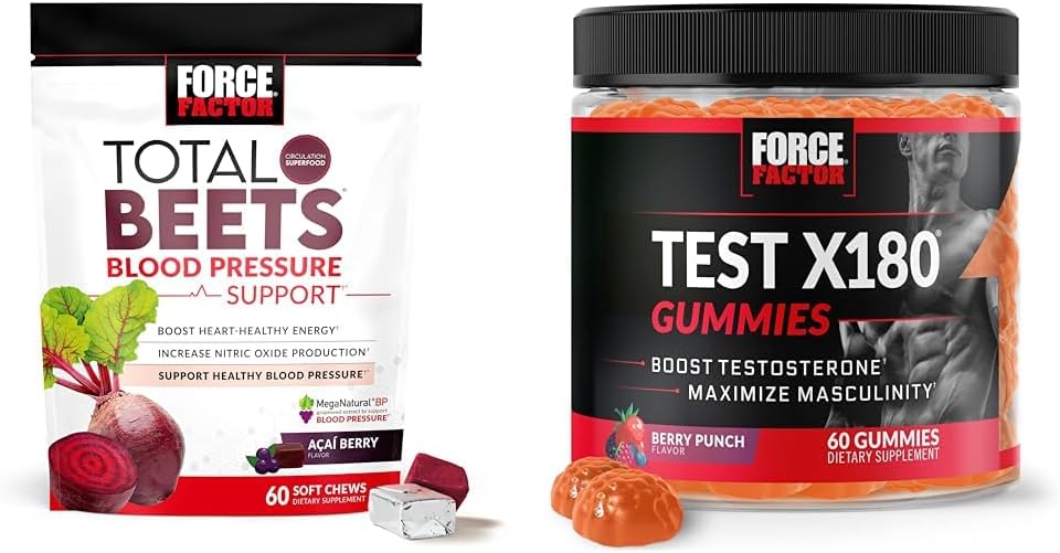 Force Factor Total Beets Blood Tekanan Dukungan 60 Chews + Test X180 Gummies Testosterone Booster untuk Pria 60 Gummies