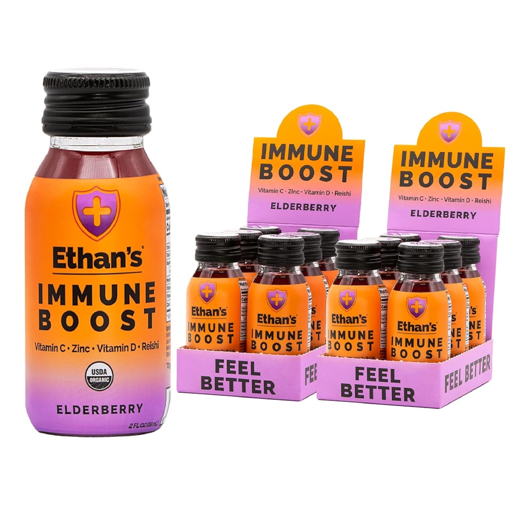 Ethan Ammuniune Boost Shots, Elderberry Flavor. Merasa lebih baik. Dukungan Kebal, Dibuat dengan Buah Nyata, Vitamin C, Vitamin D, Reishi, Zinc, dengan No Ditambahkan Sugar (12 Pack of 2oz Shots)