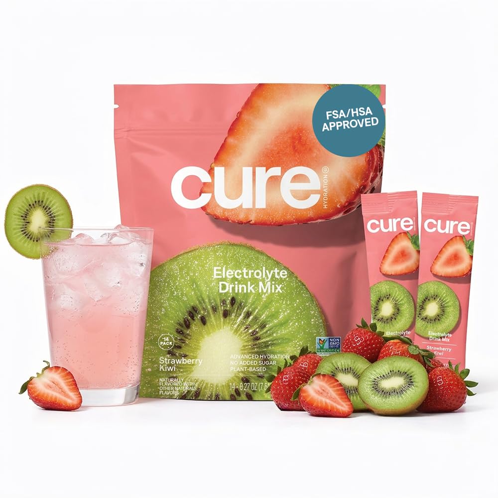 Cure Hidration 14; Plant - berbasis Electrolyte Drink Mix 124; No ADded Sugar 14; FSA-HSA 124; Dehidrention Relief Powder Dibuat dengan Coconut Water 124; Non-GMO 124; Vegan 124; Poups 14 Packets - Strawberry Kiwi