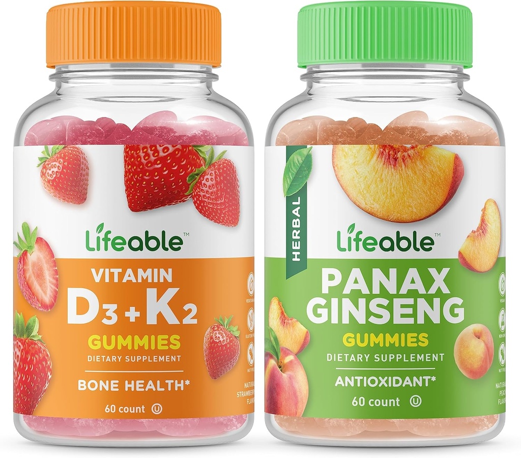 Lifeable Vitamin D3 + Vitamin K2 + Panax Ginseng, Gummies Bundle - Great Tasting, Vitamin Suplemen, Gluten Bebas, GMO Bebas, Gummy Chewable