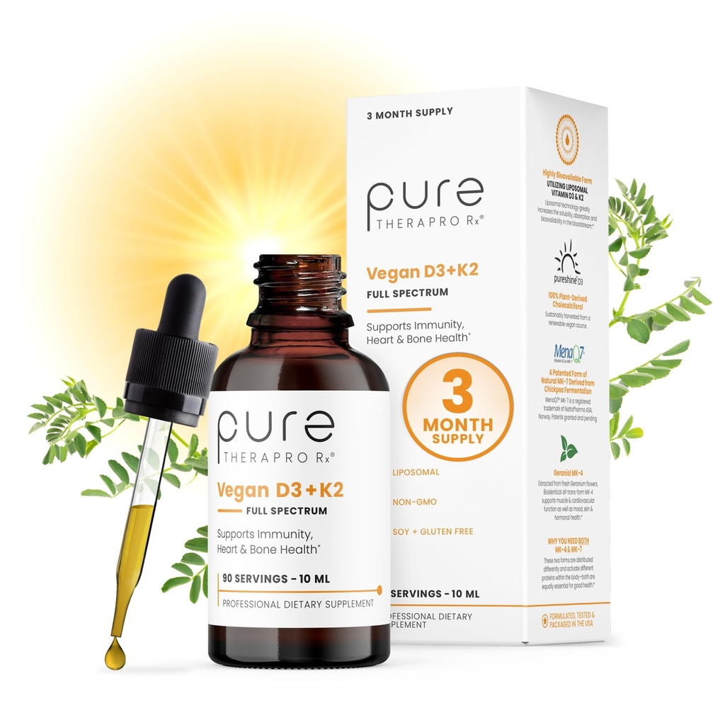 Murni Therapro Rx Vegan D3 + K2 Organik 100% Lipomal 10ml Dibuat dalam AS 124; 3 Bulan Suplai 124; Maksimum Absorpsi Vitamin D3 dan Vitamin K2 Suplemen untuk Pria dan Perempuan, D3 Vitamin 5000 IU