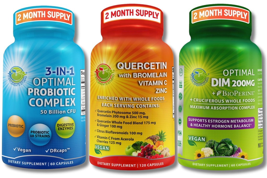 Vegan Hormonal, Imune & Gut Health Support Bundle - Quercetin 500mg dengan Bromelain, Zinc & Vitamin C + DiM 200mg dengan BioPerine + 3- 1 Probiotic 50 Milion CFU dengan Digetical Enzymes & Prestibe