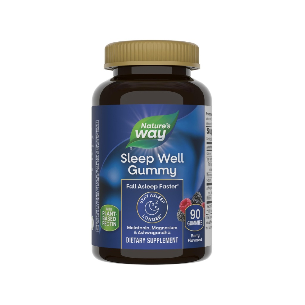 Nature 's Way Sleep Well Melonatin dan Magnesium Gummies, Sleep Duck for Dewata *, with Ashwagandha, Berry Flavored, 90 Gummies