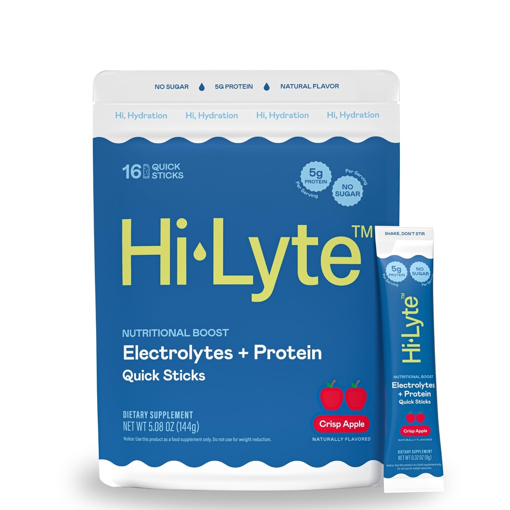 Hi-Lyte Electrolites + Protein Quick Sticks Crisp Apple, 16 Servings - Sodium, Potasium, Whey Protein - Keto Friendly - 5g Protein, No Sugar