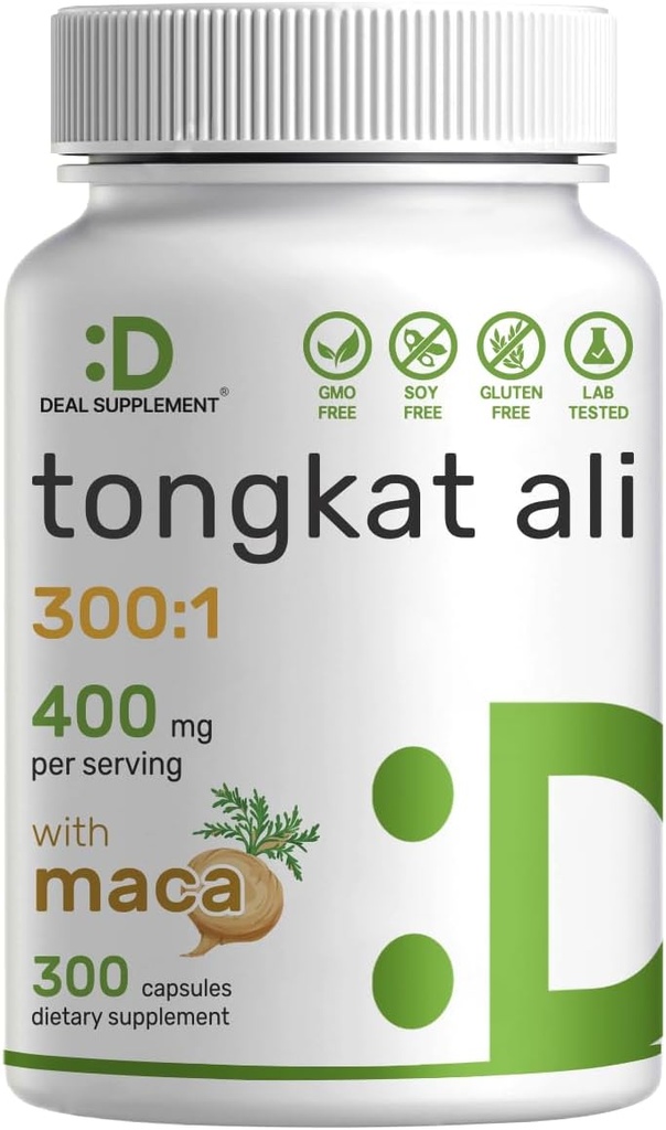 DEAL SUPLEMENT Tonkat Ali Extract 300: 1 400mg & Maka Root 400mg 124; 300 Capsules, Ultra Power Longjack (Eurycoma Longifolia) + Peru Maca - Non-GMO, Herbal Supplemen untuk Kesehatan, Performance
