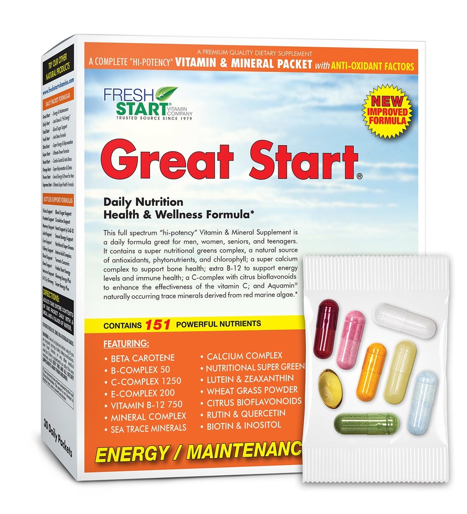 Great Start Daily Vitamin Pack no 124; Energy & Essensials & Esensials 124; Vitamin A, B, C, D, E, B12, Biotin, Minotin, Kalsium, Magnesium, Zinc, Super Greens (30 Paket)