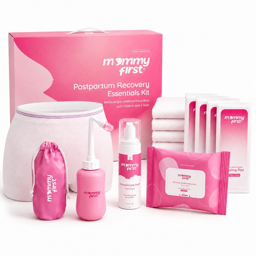 Mommy First ® Postpartum Entials Recovery Kit - NextGen Perineal Ice Packs, Witch Hazel Healing Foam, Witch Hazel Liners, Upside Down Peri Bottle & Postpartum Underwear for Postpartum Recovery