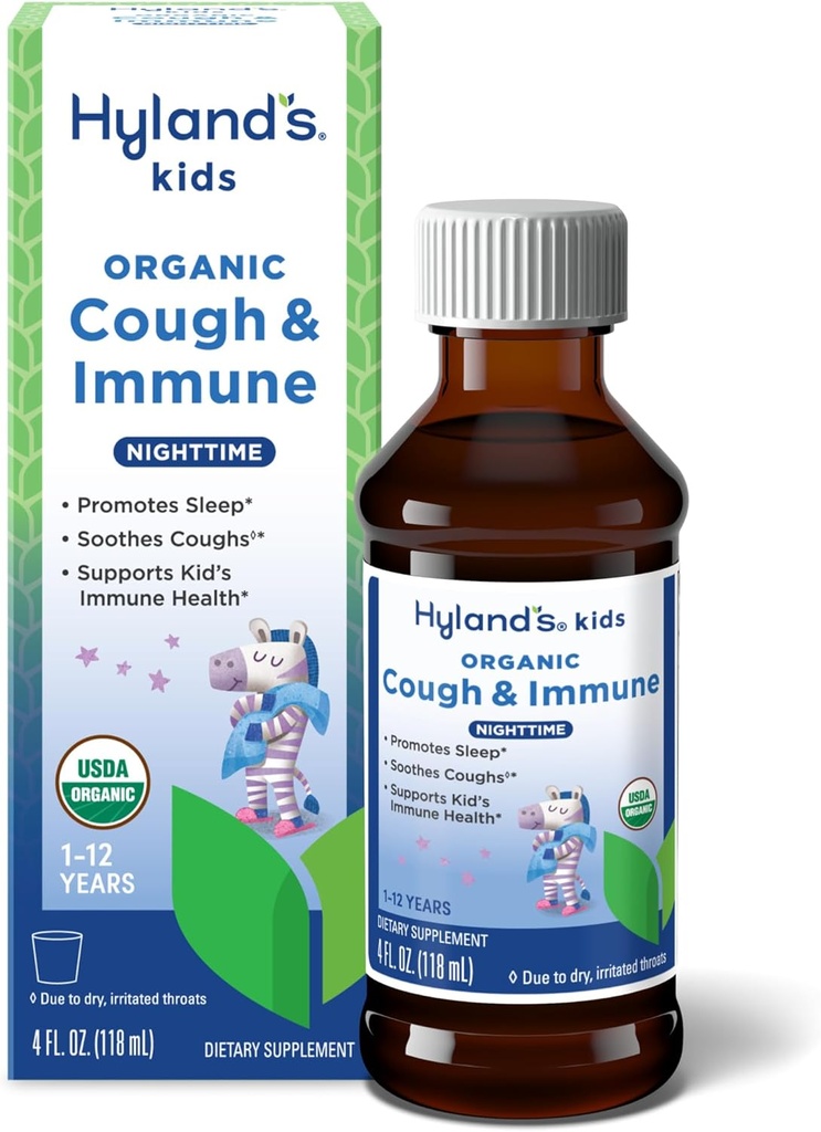 Anak-anak Hyland Nighttime Cough Syrup dan dukungan kekebalan dengan Agive, Elderberry dan Pomegranate, Choothes Cough, dan Support kekebalan, 4 Fl.