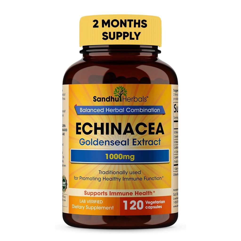 SANDHUHERBALT Sandhu Herbals Echinacea Goldenseal 1000 Mg 120 Capsules 14; Sistem kekebalan Mendukung Response Inflammatory Response Suplemen