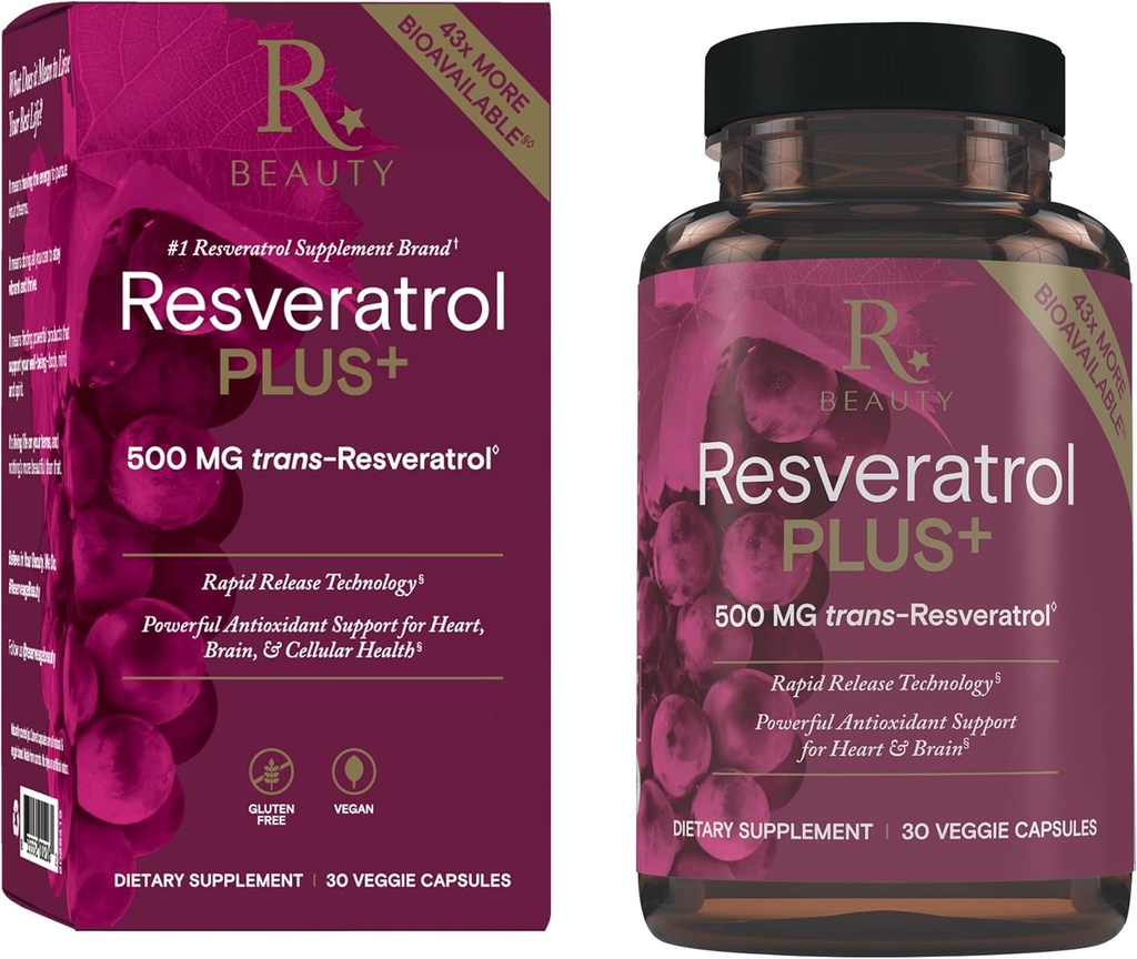 Reveage Beauty Resveratrol Plus + 500 mg - Rapid- Rapid- Rapiatrol Capsules dengan Quercetin untuk Sistem Imune, Kesehatan Otak & Cellular Kesehatan - Gluten- Bebas & Veval - 30 Capsules