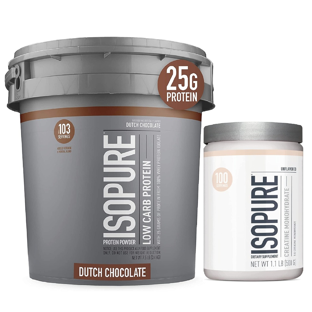 Isopure Protein Powder Low Carb With Creatine Powder 500g Unfeatured, Keto Friendly Protein pounder, 100% Whey Protein Isolate, Protein Flavor: Dutch Chocolate, 7.5 Pounds