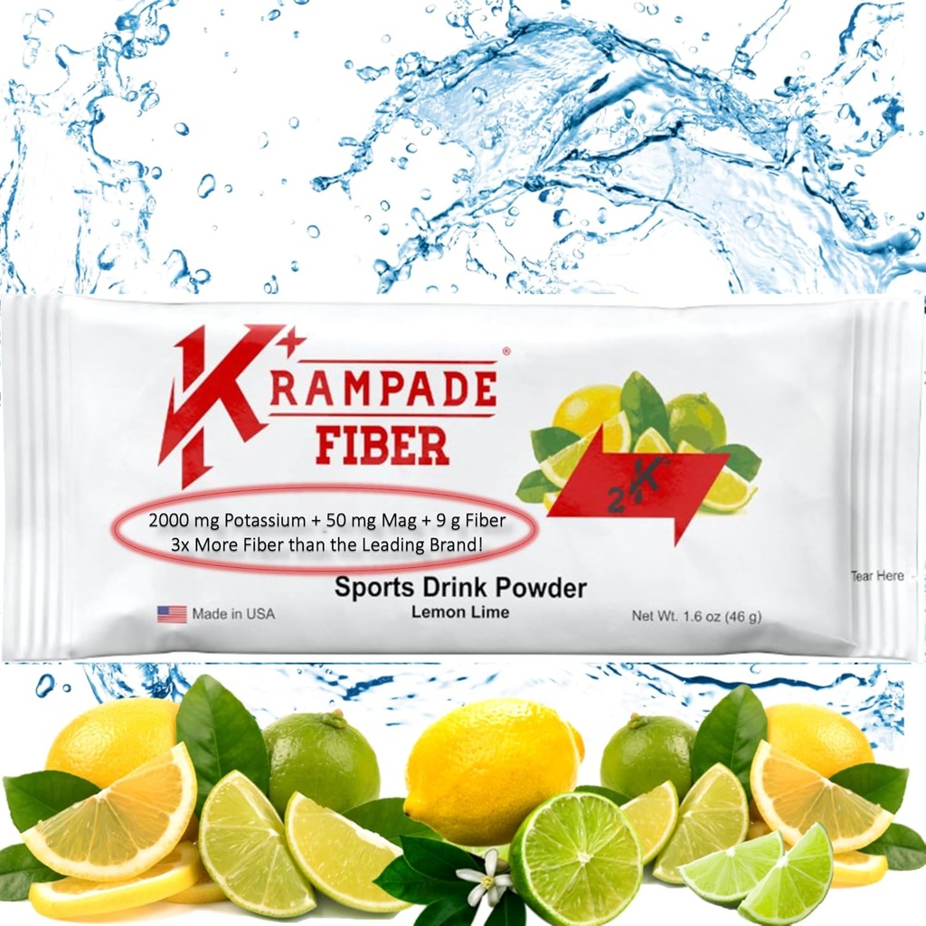 Krampade Fiber 2K High Soluble Fiber, Potasium Tinggi, Magnesium Supplication Chowder Mix - 2X More Fiber 124; Mengurangi Cramps = 124; (Lemon Lime, 19 Serving Bulk Pouch)