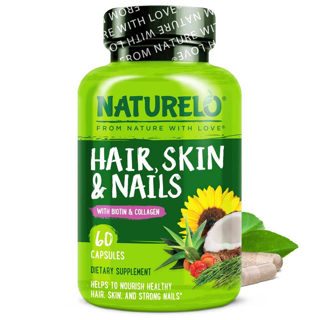 Rambut NATURELO, Skin dan Nails Multivitamin - 5000 mcg Biotin, Collagen, Vitamin Alami E - Suplemen untuk Kulit Sehat, Pertumbuhan Rambut untuk Perempuan dan Pria 60 Kasules